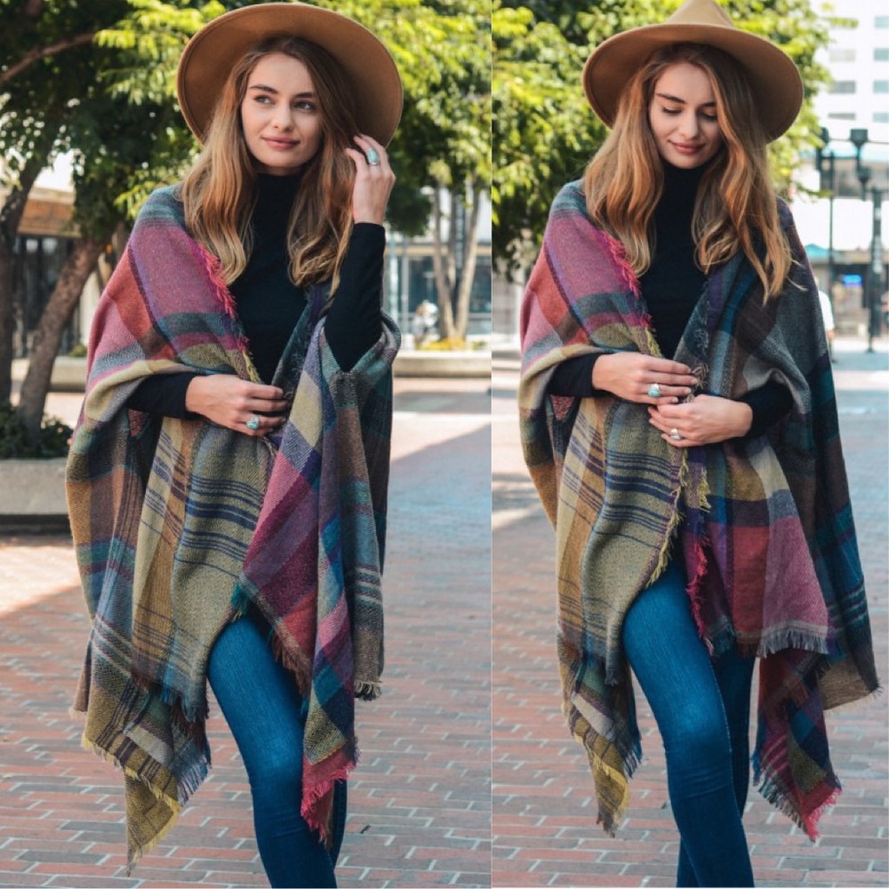 3 PACKS Fuchsia Plaid Light Weight Ponchos